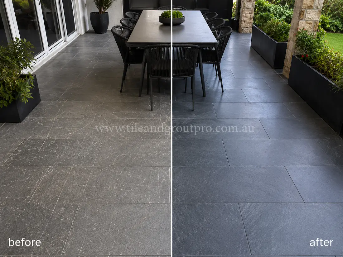 Outdoor alfresco dining area with dark bluestone floor tiles before and after scratch removal, showing visible scratches and dull wear restored to a refined matte finish.