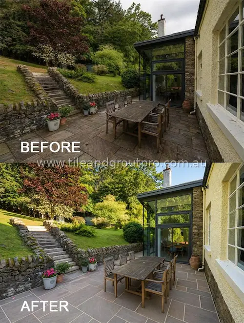 Backyard bluestone patio restoration before and after cleaning and sealing to enhance color and protect outdoor stone