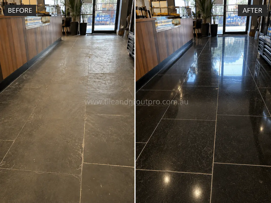 Before stone polishing, the bluestone café floor showed dull patches, scuffing, and uneven finish in a hospitality space with timber counters and display cabinets.