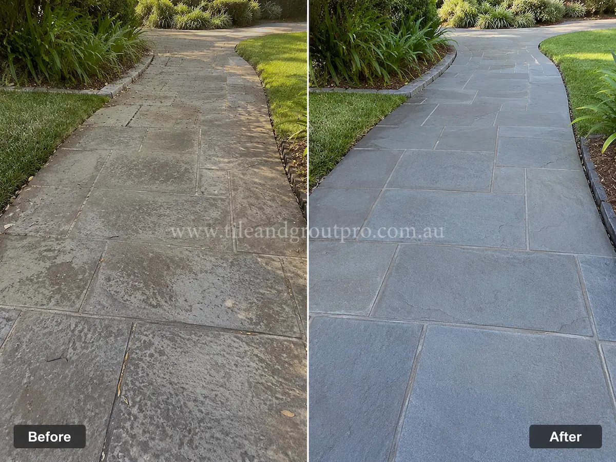Outdoor bluestone garden pathway before sealer stripping showing faded grey stone tiles with patchy sealer residue, surrounded by lawn edging and landscaped plants.