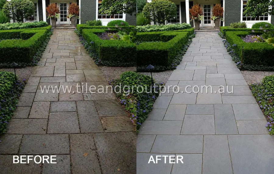 Bluestone garden pathway restoration before and after showing moss removal, cleaning, and improved stone appearance