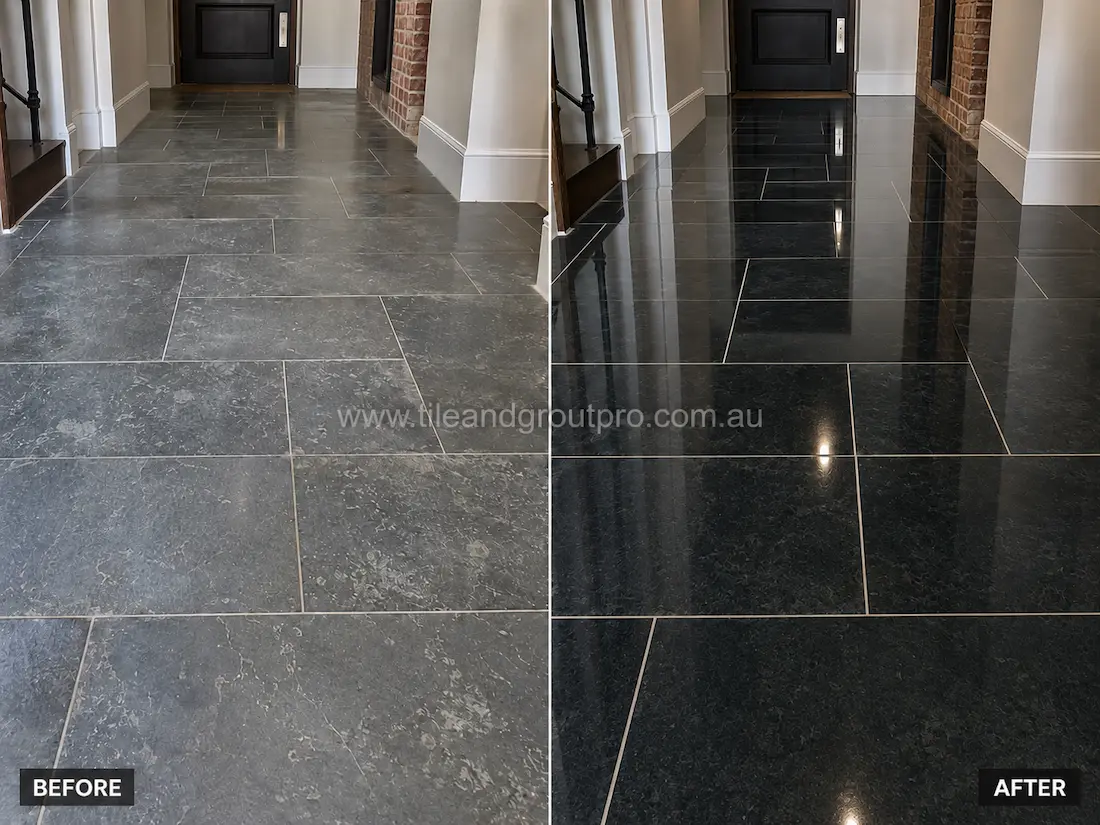 Before stone polishing, the bluestone hallway floor had a dull, worn surface with low sheen and visible traffic marks in a residential entry corridor with brick accents and dark timber doors.