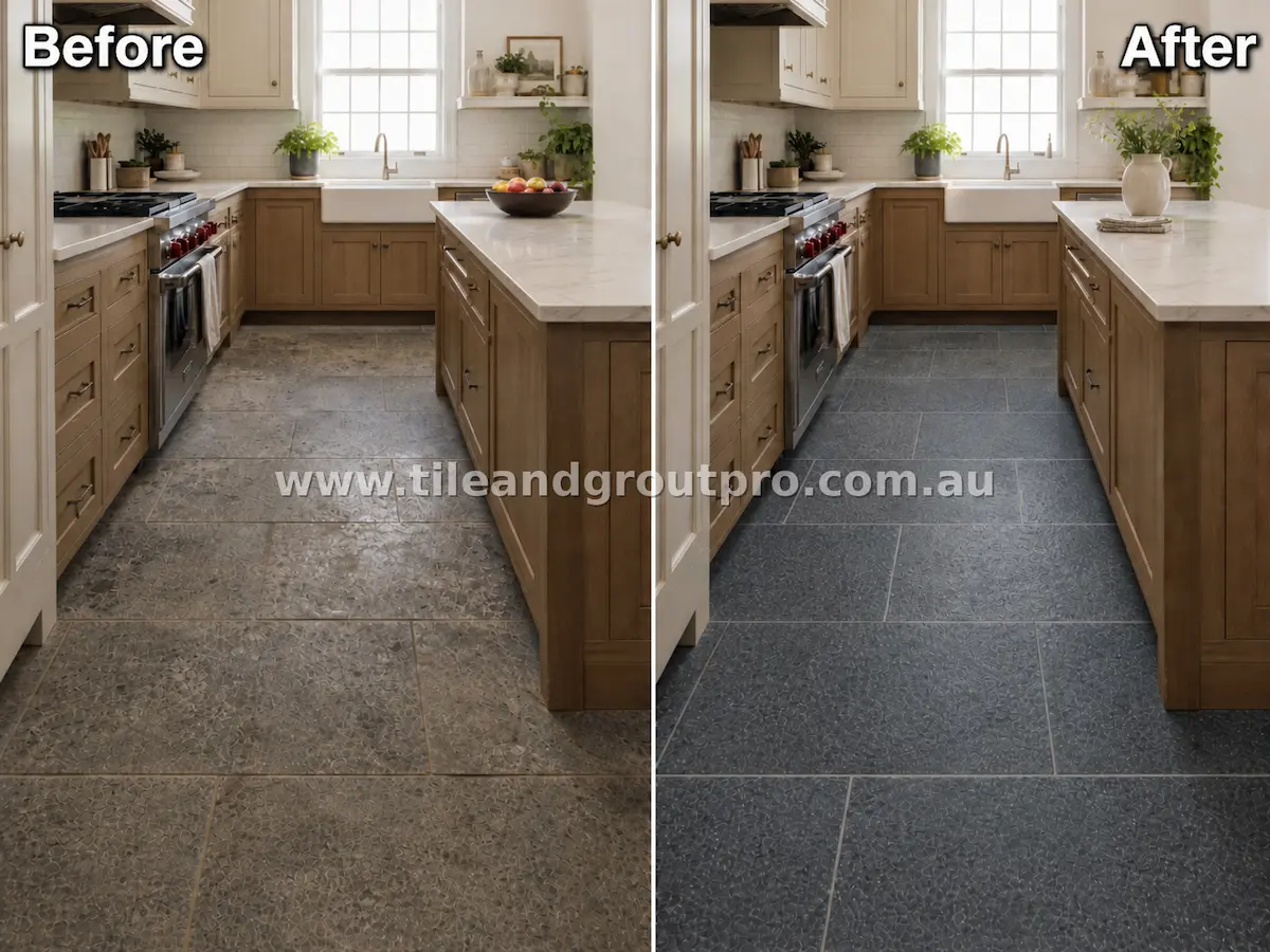 Bluestone natural stone kitchen floor tiles around an island with visible grime, dull finish, and discolored grout lines before professional tile and grout cleaning