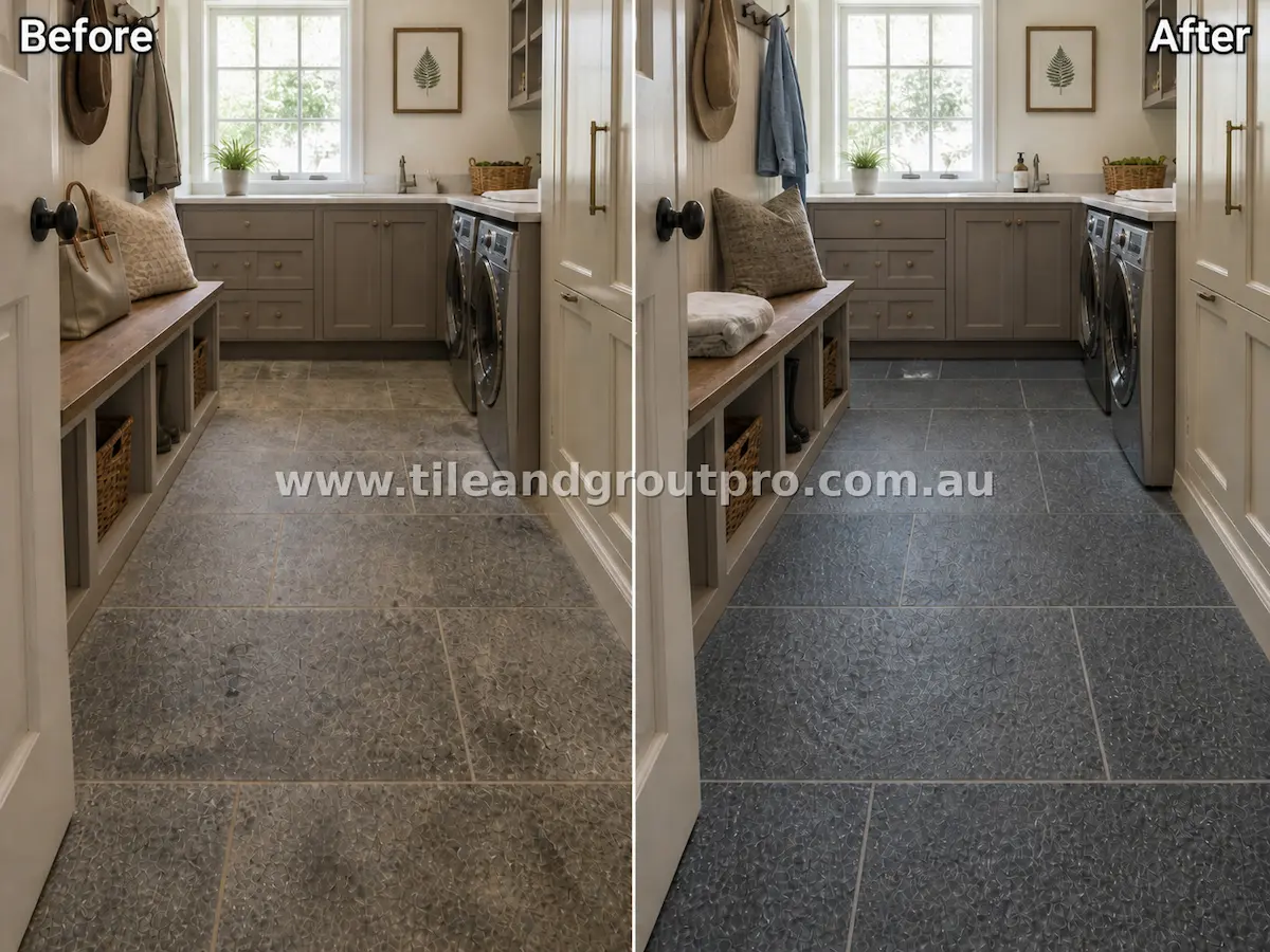 Bluestone natural stone tiles in a laundry room with visible dirt buildup, worn finish, and stained grout lines before tile and grout cleaning