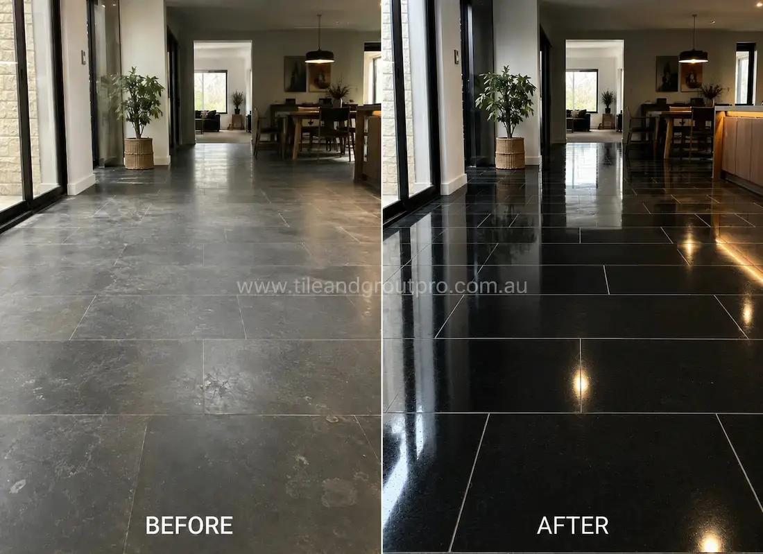 Before stone polishing, the bluestone open-plan residential floor had a faded, low-gloss appearance with visible wear throughout the dining and living areas.