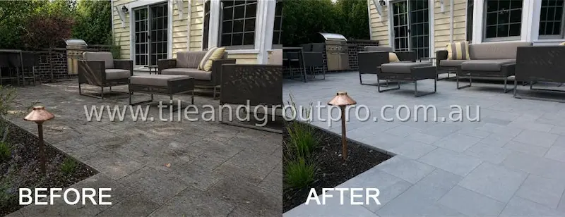 Outdoor bluestone patio restoration before and after removing grime and restoring clean, uniform surface around seating area