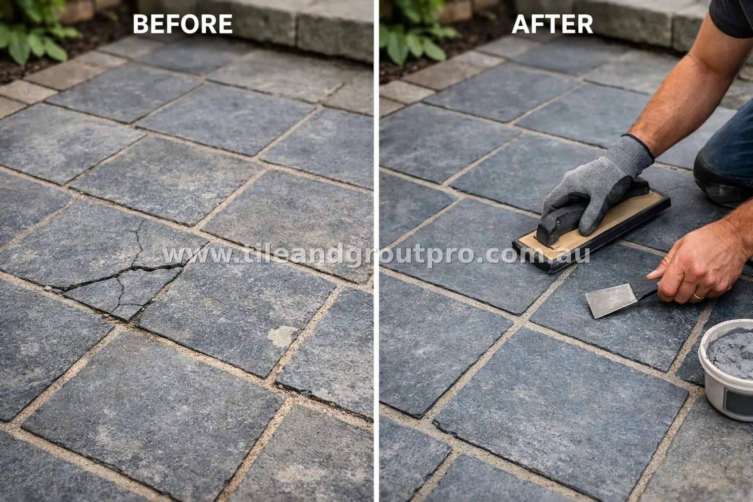 before and after Scratch-Removal bluestone tile floor