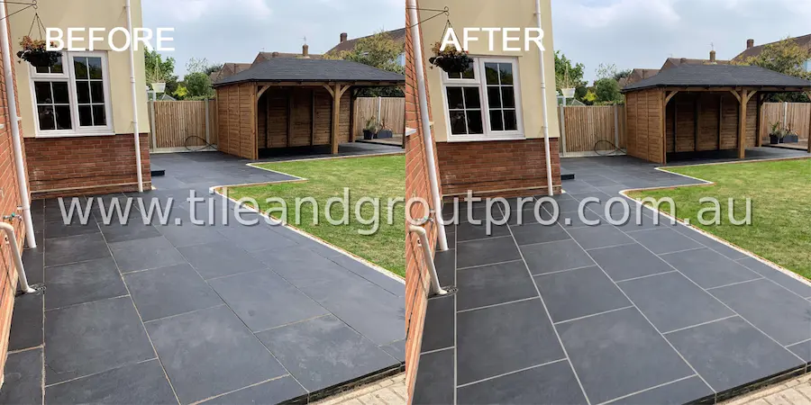 Bluestone patio before and after regrouting showing clean grout lines and restored outdoor surface