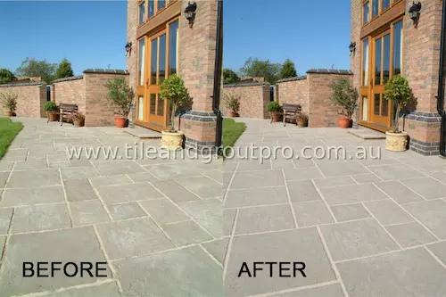 Bluestone patio restoration before and after showing pressure cleaning, stain removal, and refreshed natural stone finish