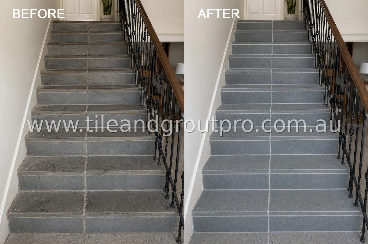 Bluestone indoor stairs before and after regrouting with brighter grout lines and improved appearance