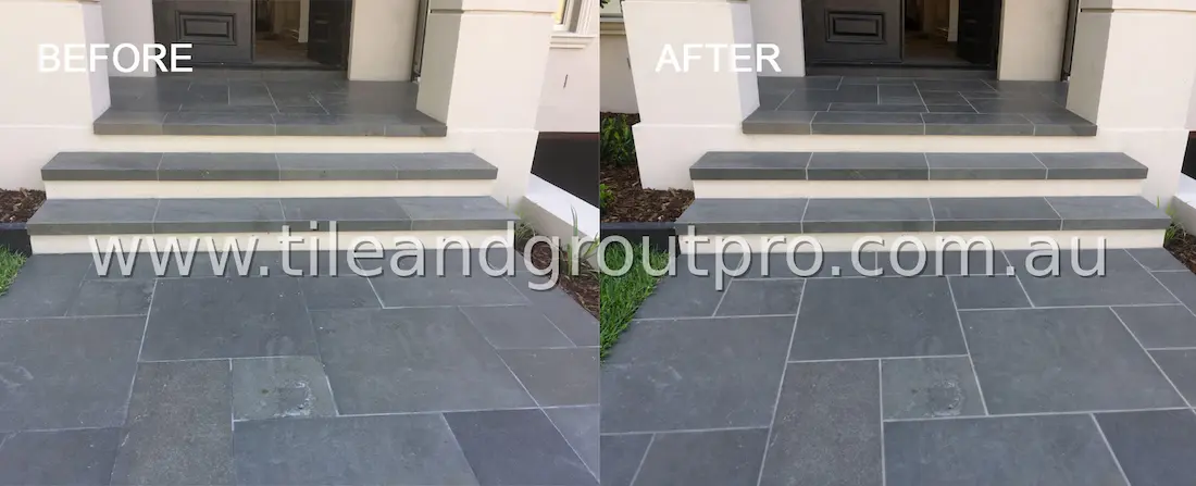 Bluestone entry steps before and after regrouting showing clean uniform grout lines and restored finish