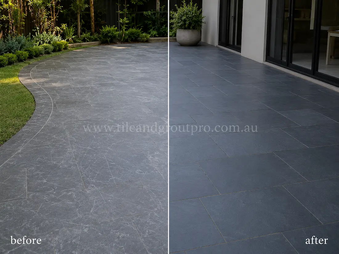 Curved outdoor patio with dark bluestone tiles before and after scratch removal, showing faded scratched stone paving restored to a smooth even finish beside landscaped gardens.
