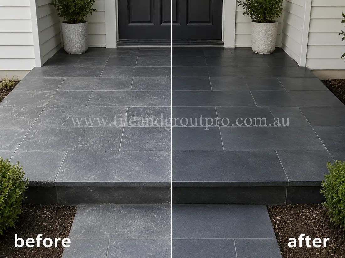 Residential front entrance with dark bluestone steps and tiles before and after scratch removal, showing scratched stone surfaces restored to a consistent clean finish around the entry doorway.