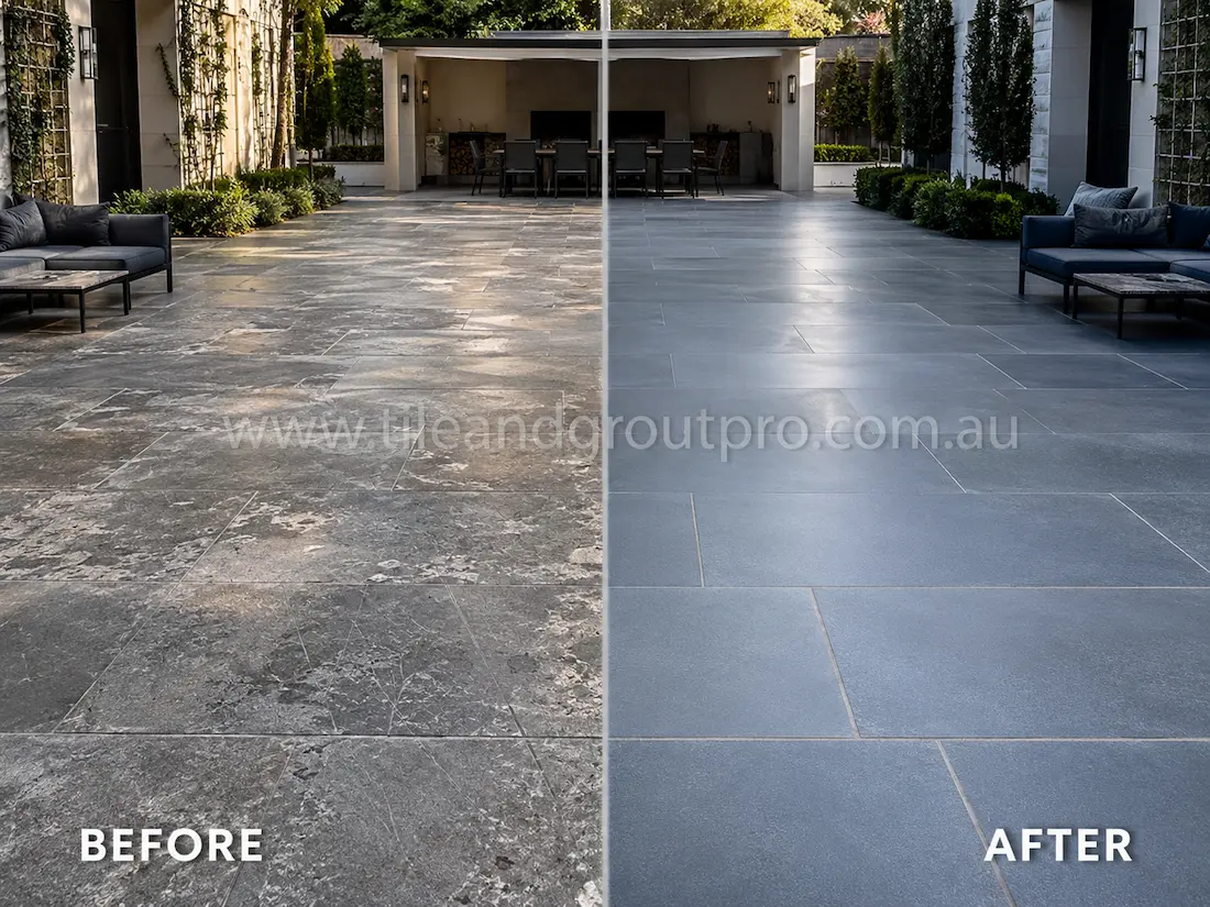 Large outdoor bluestone courtyard before grinding, featuring faded stone paving with visible wear, patchy discoloration, and weathered texture in a luxury residential entertaining space.