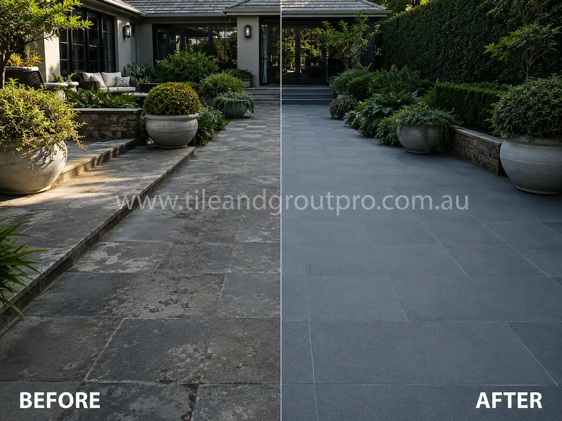 Outdoor bluestone garden pathway before grinding, featuring weathered stone pavers with faded finish, staining, and surface wear in a landscaped residential courtyard.