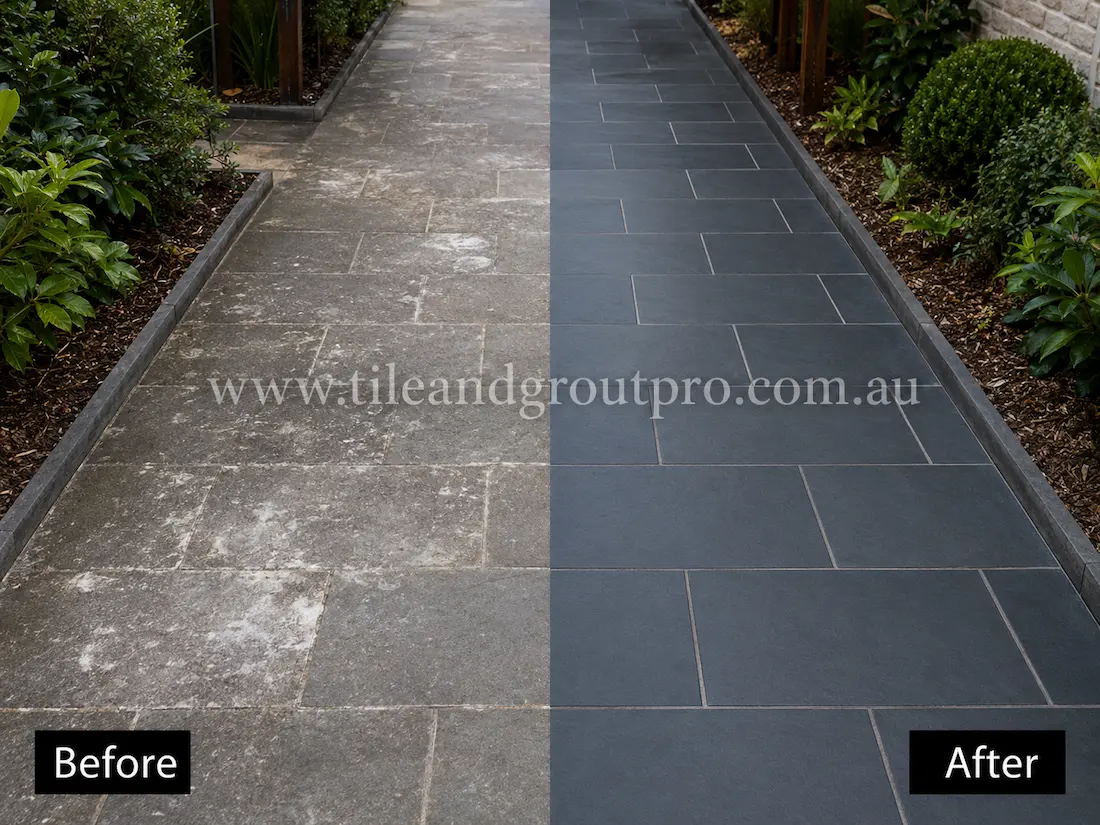 Before tile renewal, outdoor bluestone pathway tiles in a landscaped garden walkway showed heavy whitening, mineral staining, and surface haze across the natural stone paving.