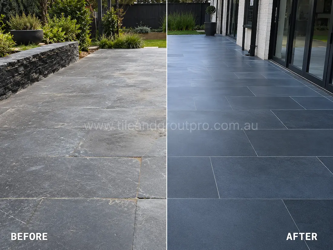 Outdoor bluestone patio tiles before grinding, showing faded stone surfaces, light scratches, weather staining, and uneven finish along the residential backyard entertaining area.