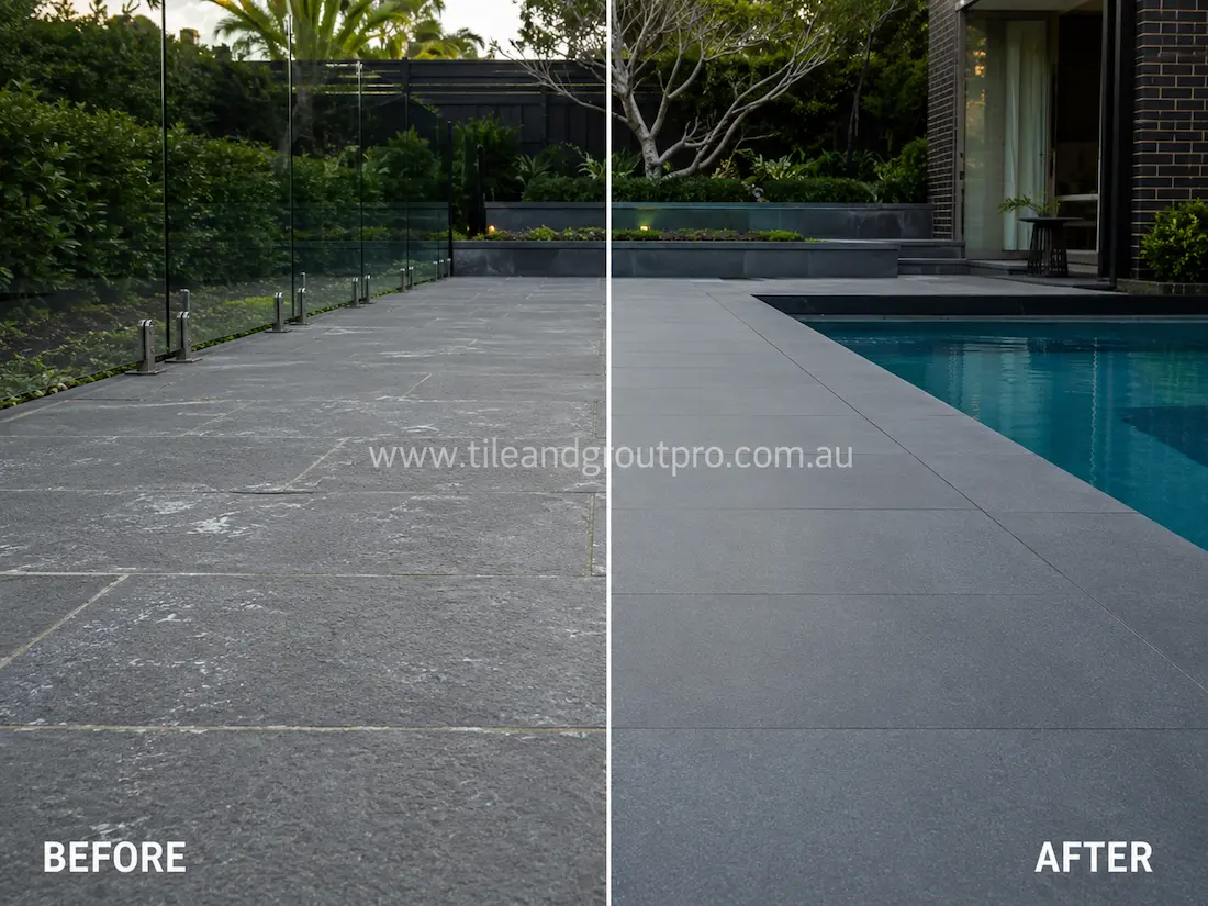 Poolside bluestone pavers before grinding, featuring faded outdoor stone tiles with weather exposure, light staining, and worn texture beside a modern swimming pool and garden.