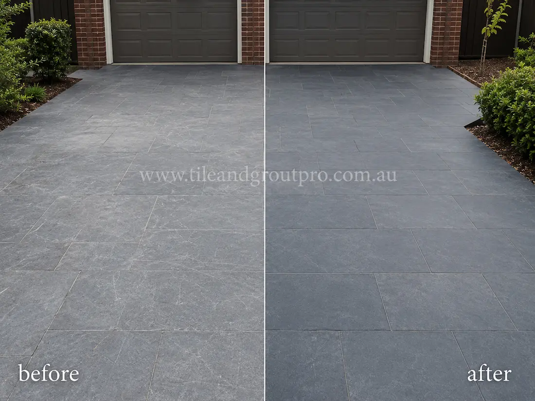 Residential driveway with dark bluestone tiles before and after scratch removal, showing scratched and weathered stone paving restored to a clean modern finish in front of garage doors.