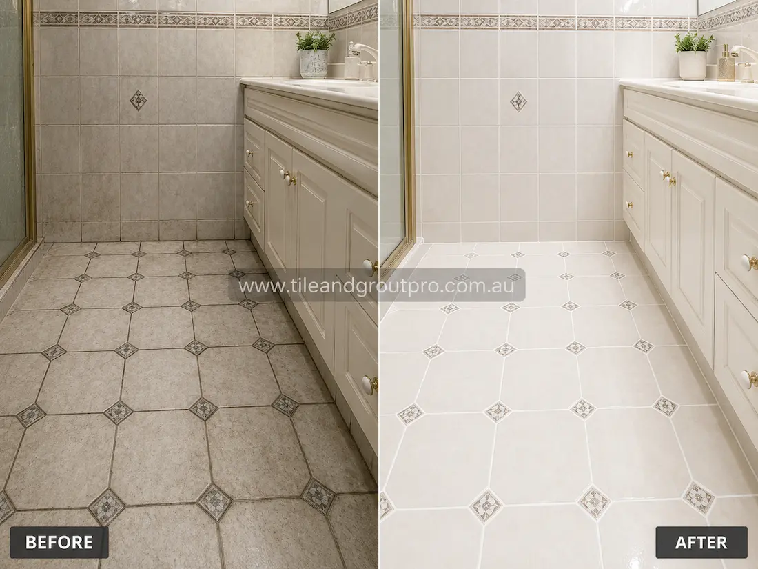 Before tile renewal, a bathroom with patterned ceramic floor tiles and matching ceramic wall tiles displayed discoloured grout lines, embedded dirt, and surface staining around the vanity and shower area, creating a dull and aged appearance.