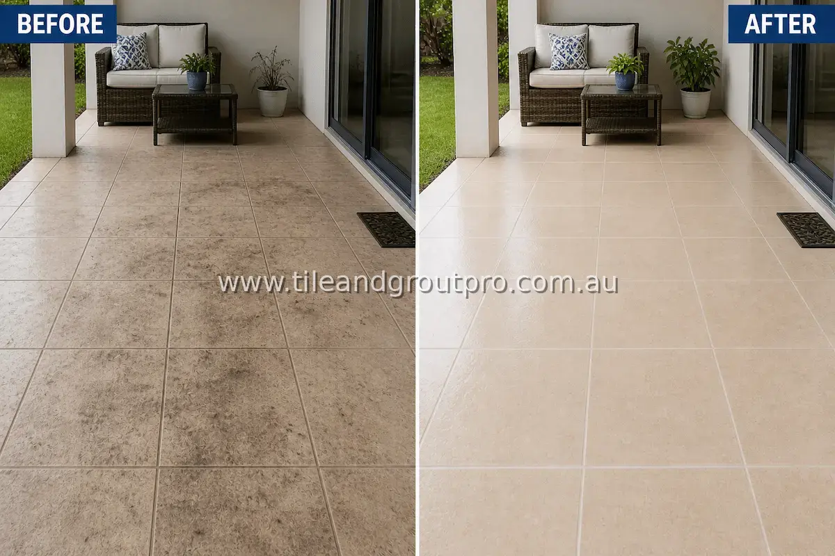 Ceramic tile covered patio seating area floor with heavy soil, dark stains, and grime buildup from outdoor exposure before tile and grout cleaning service