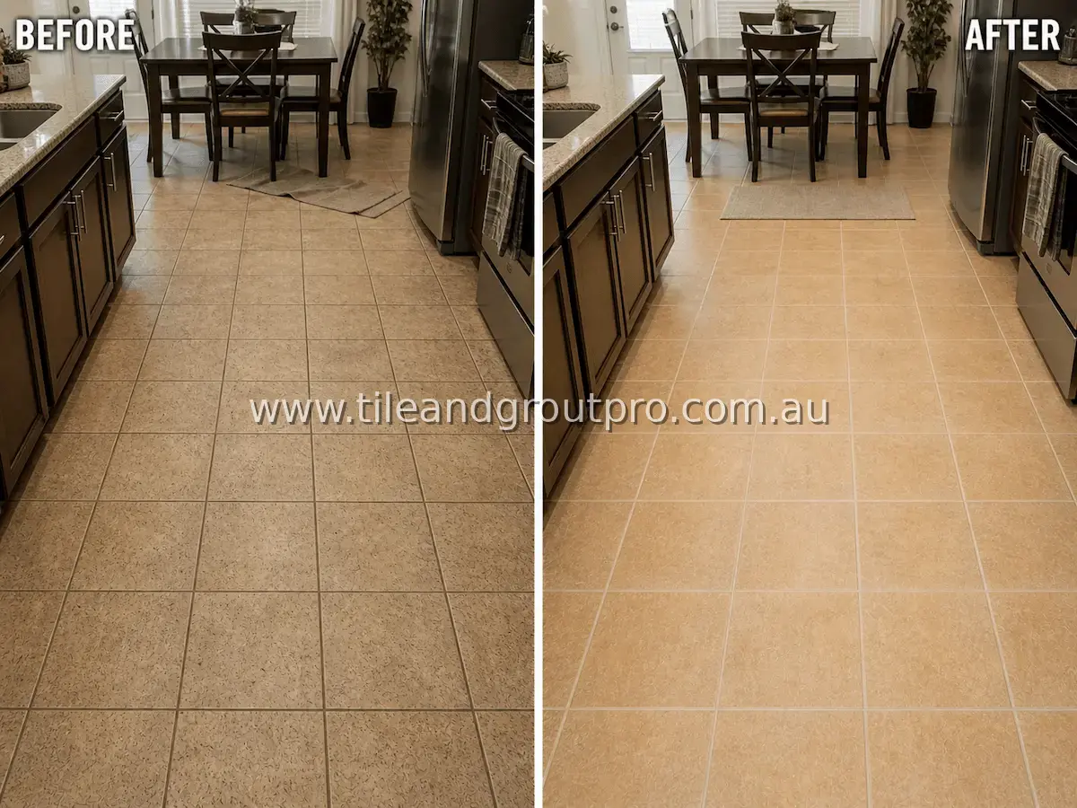 Ceramic tile kitchen dining area floor with visible grease buildup, dirt, and darkened grout lines from daily use before tile and grout cleaning
