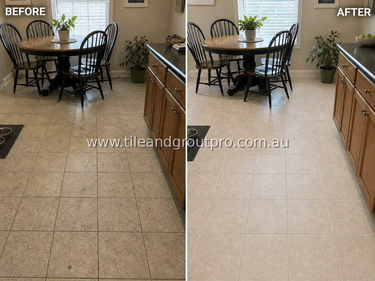 Ceramic tile kitchen dining area floor with visible dirt buildup, dull surface, and darkened grout lines from daily foot traffic before tile and grout cleaning