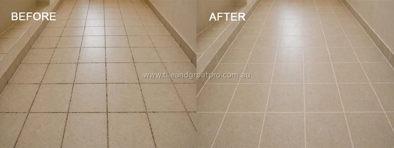 Hallway floor tiles before and after regrouting showing even grout lines and a renewed finish