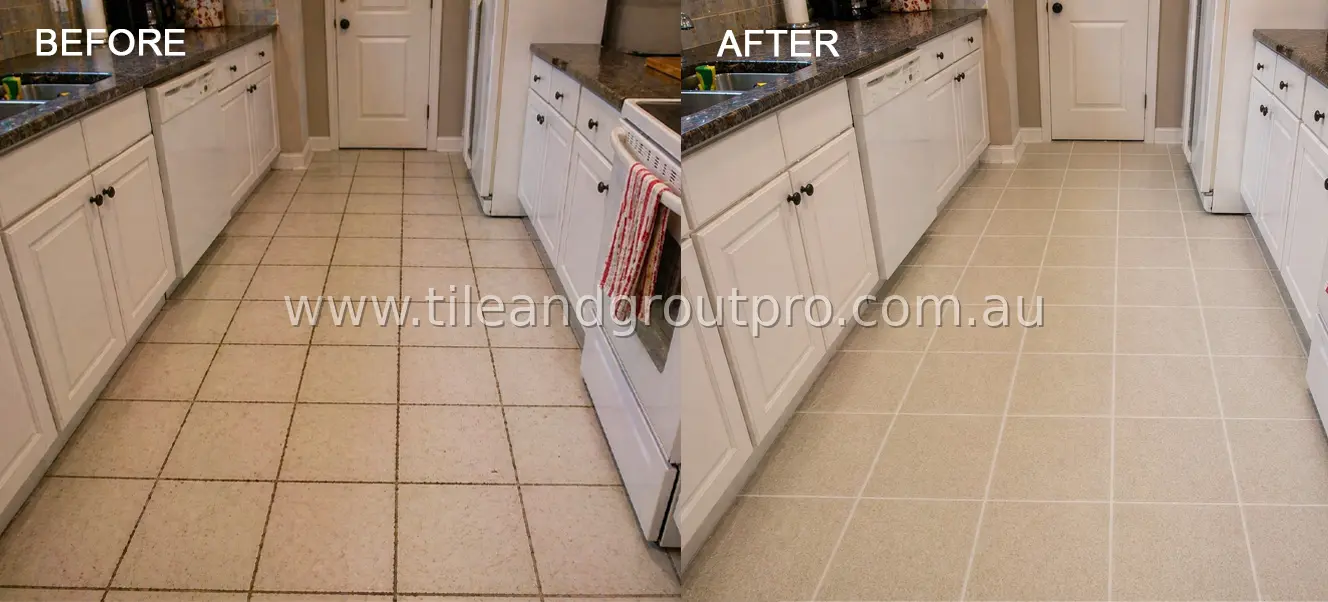 Kitchen floor tiles before and after regrouting with evenly renewed grout lines and improved appearance
