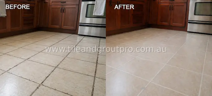 Kitchen tile floor before and after regrouting showing restored grout lines and a clean uniform finish