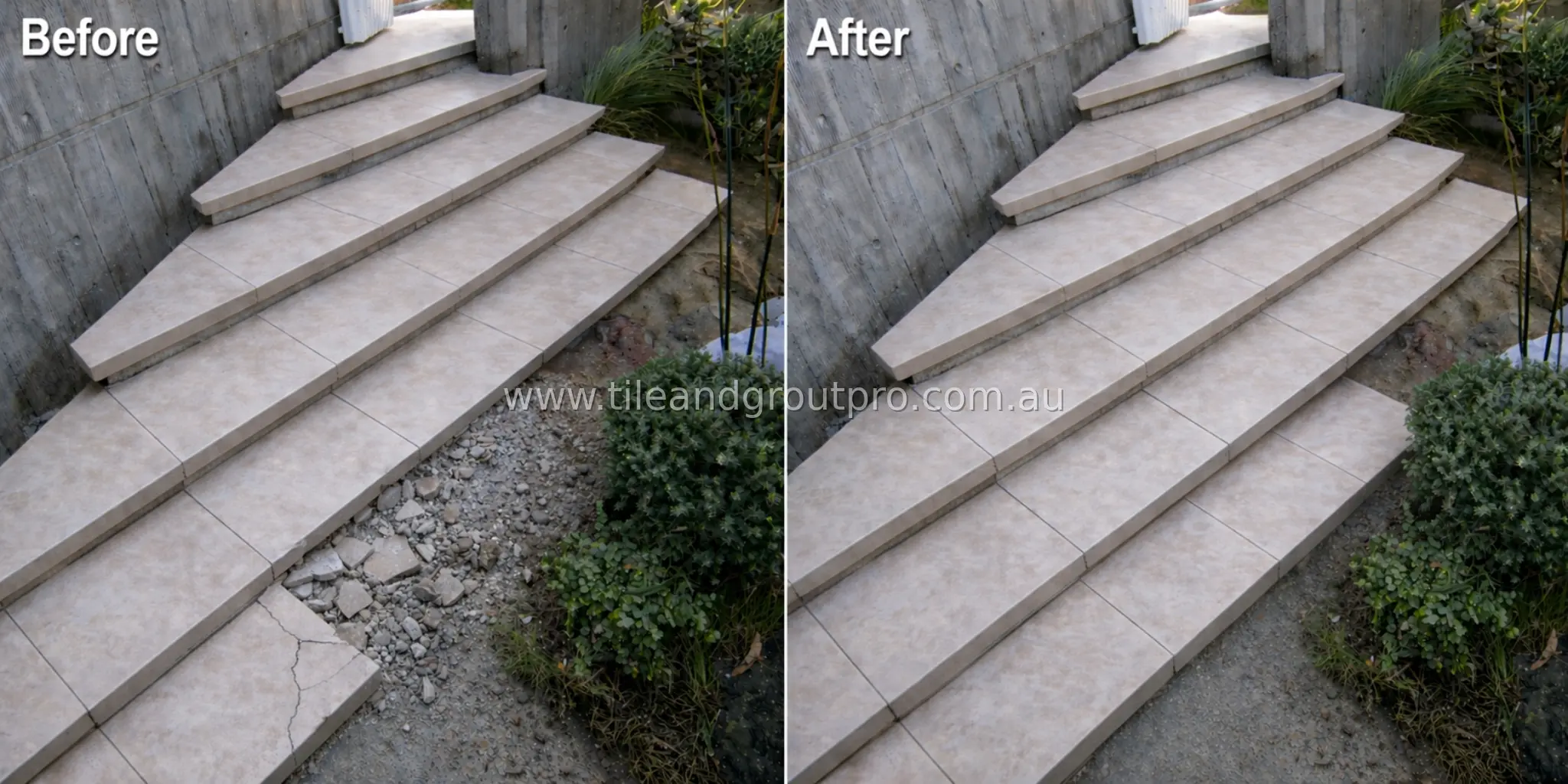 Outdoor tiled steps before and after repair showing cracks and damage fixed with smooth, even finish