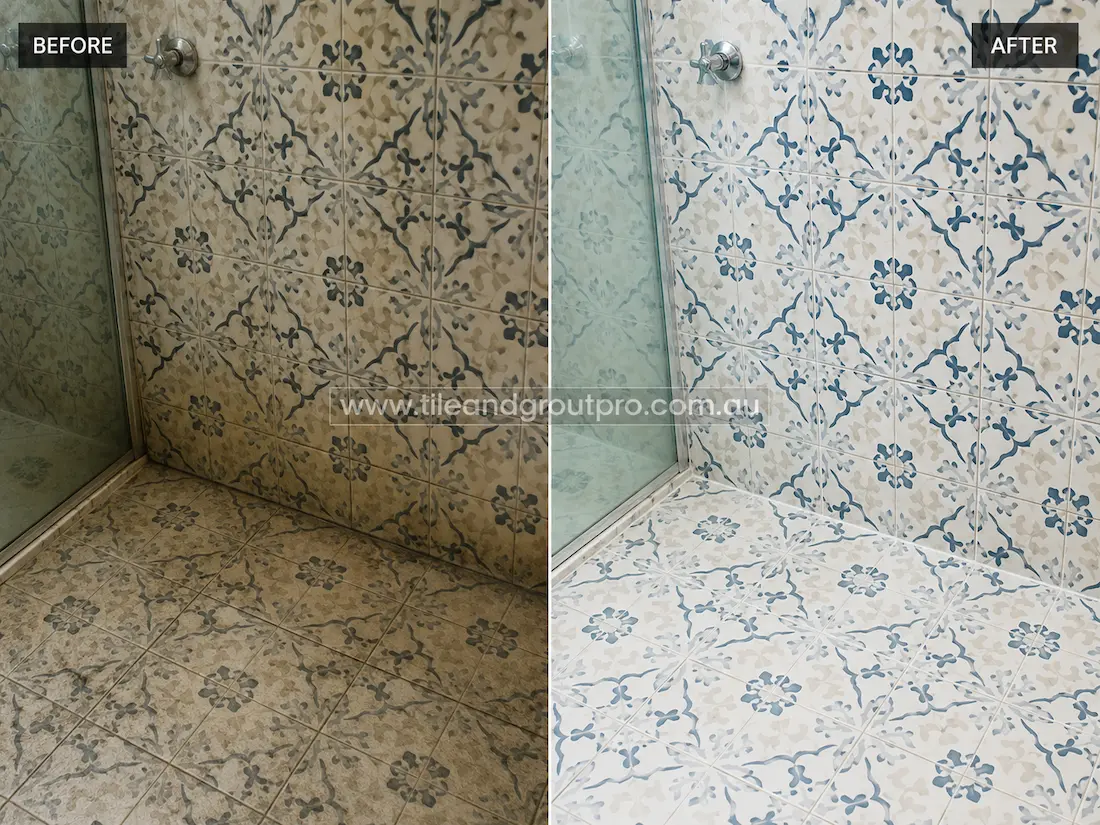 Before tile renewal, a shower enclosure with decorative patterned ceramic wall and floor tiles displayed soap scum, grime buildup, and dull surfaces that muted the blue and beige tile design.