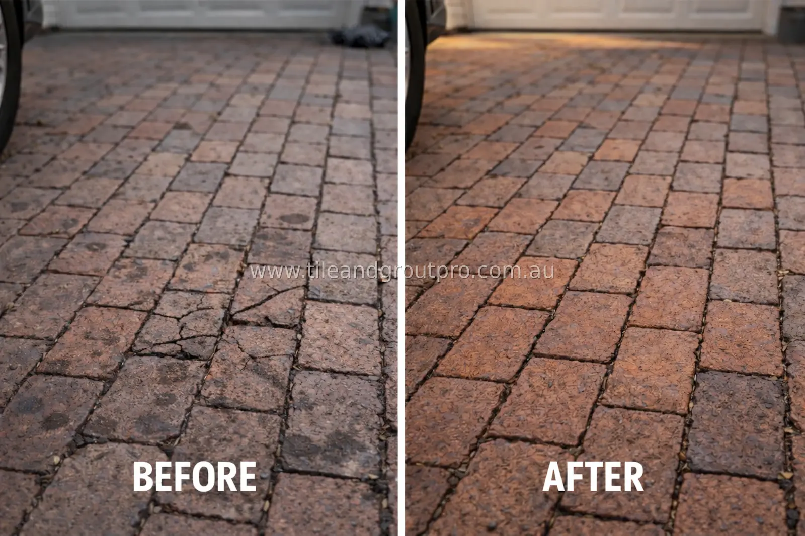 Brick driveway pavers before and after repair showing restored and even surface