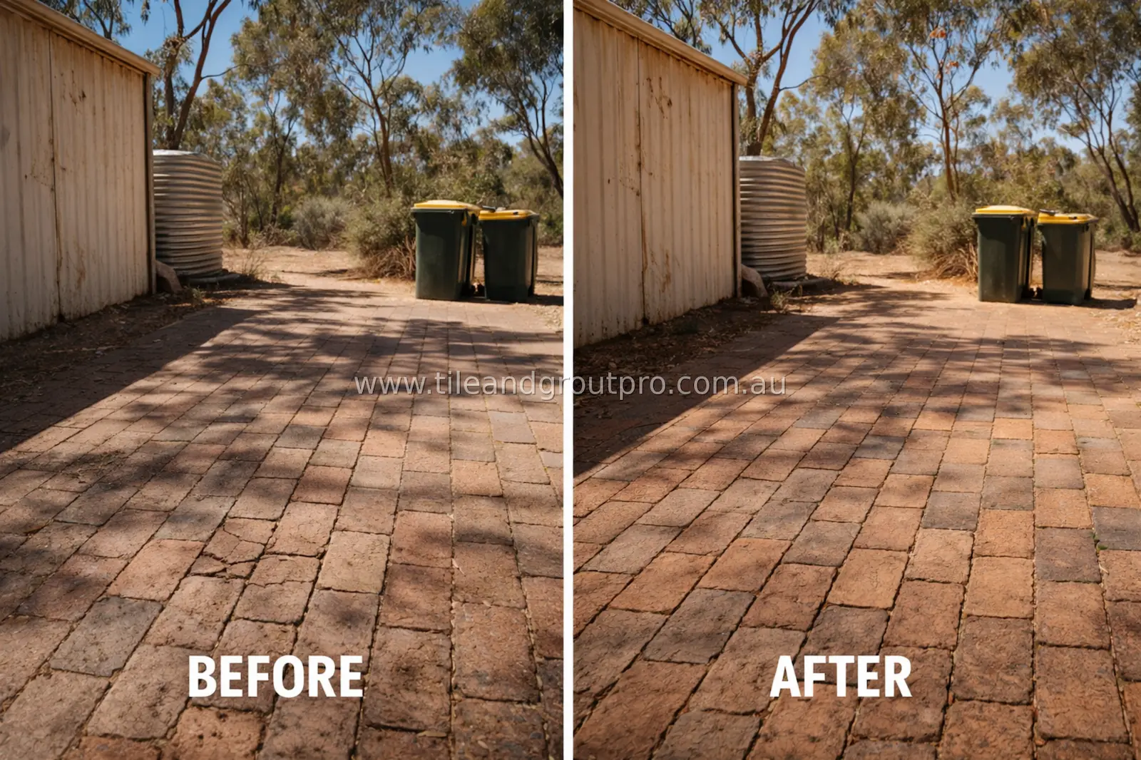 Brick garden pathway before and after repair showing fixed uneven and damaged bricks