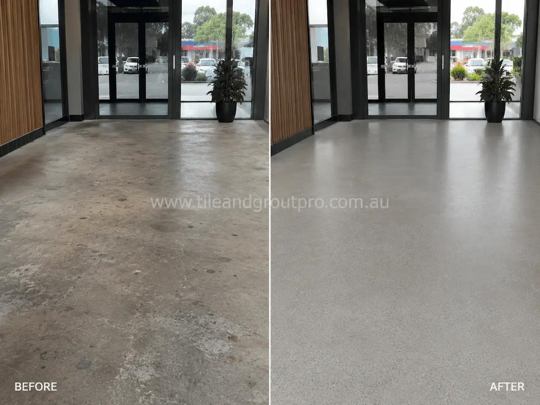 Before concrete resurfacing, this commercial entrance lobby floor displays worn concrete with stains, marks, and surface ageing, upgraded to a smooth modern concrete finish with a consistent light-grey appearance.