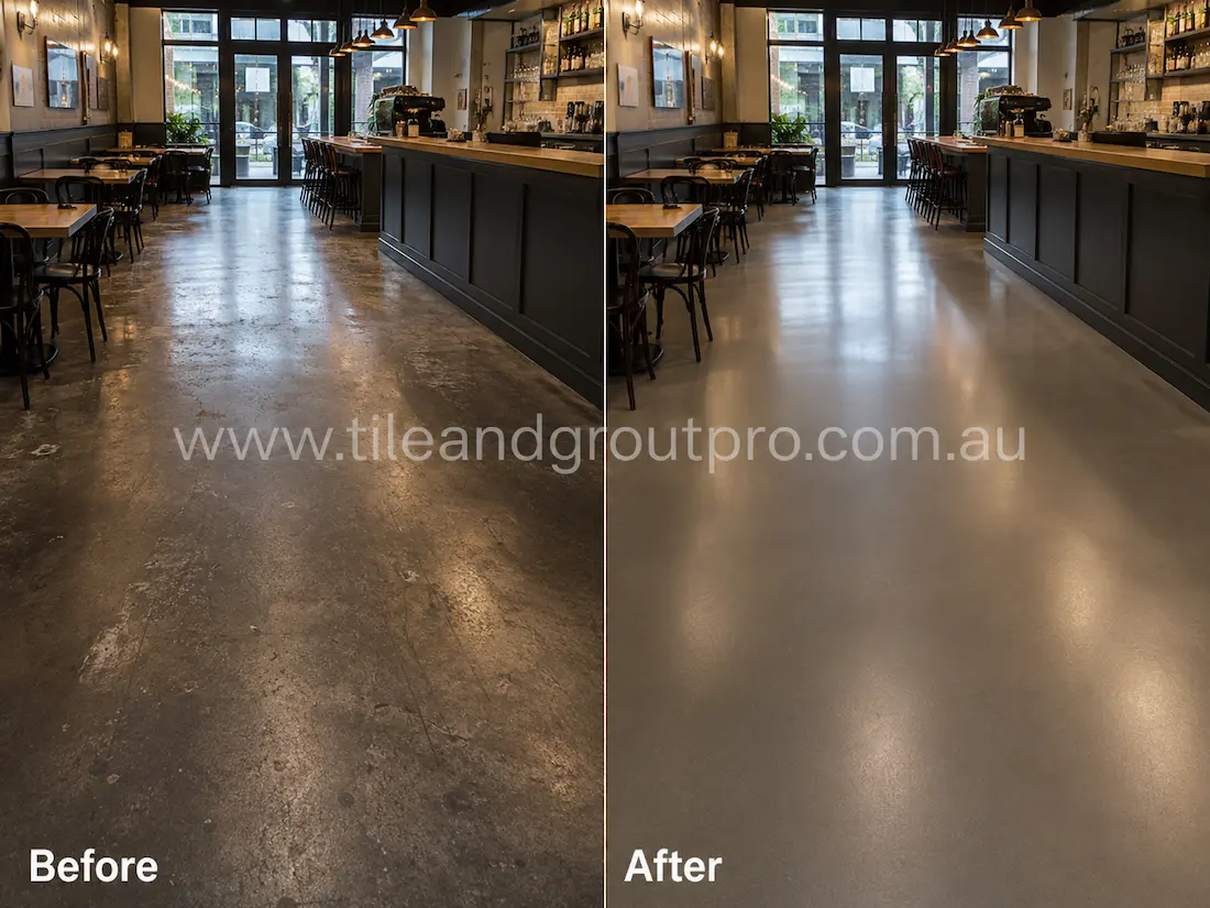 Before and after concrete grinding and polishing inside a modern cafe with scratched and dull concrete flooring restored to a sleek uniform finish.