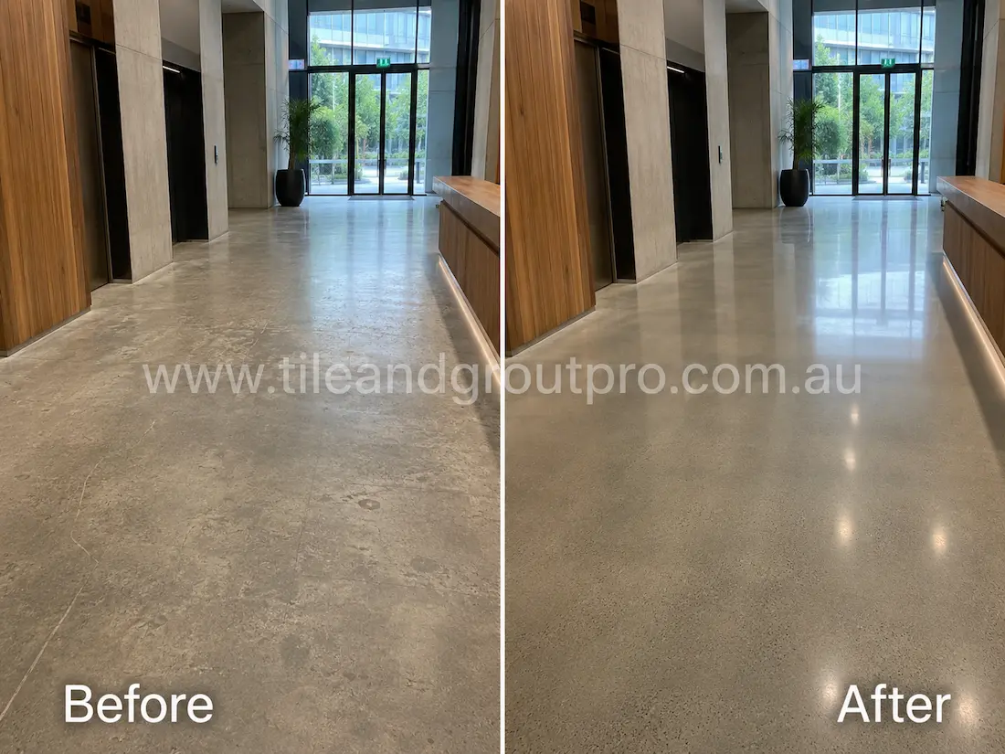 Before and after concrete grinding and polishing in a modern office lobby with worn grey concrete flooring restored to a smooth polished appearance.
