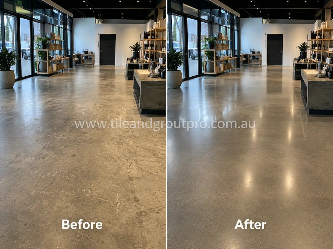 Before and after concrete grinding and polishing in a modern retail showroom with marked and faded concrete flooring restored to a refined polished surface.