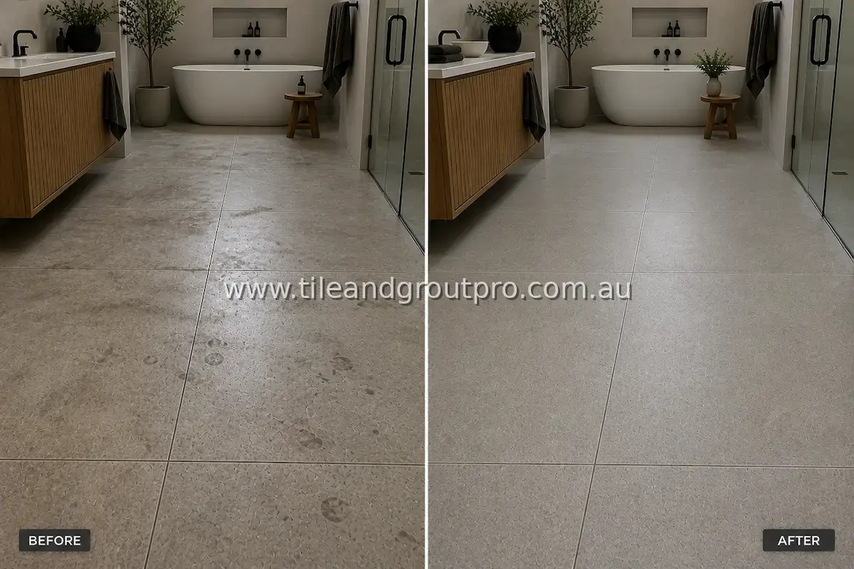 Concrete-look porcelain tile bathroom floor with visible dirt spots, soap residue, and dull grout lines before professional tile and grout cleaning