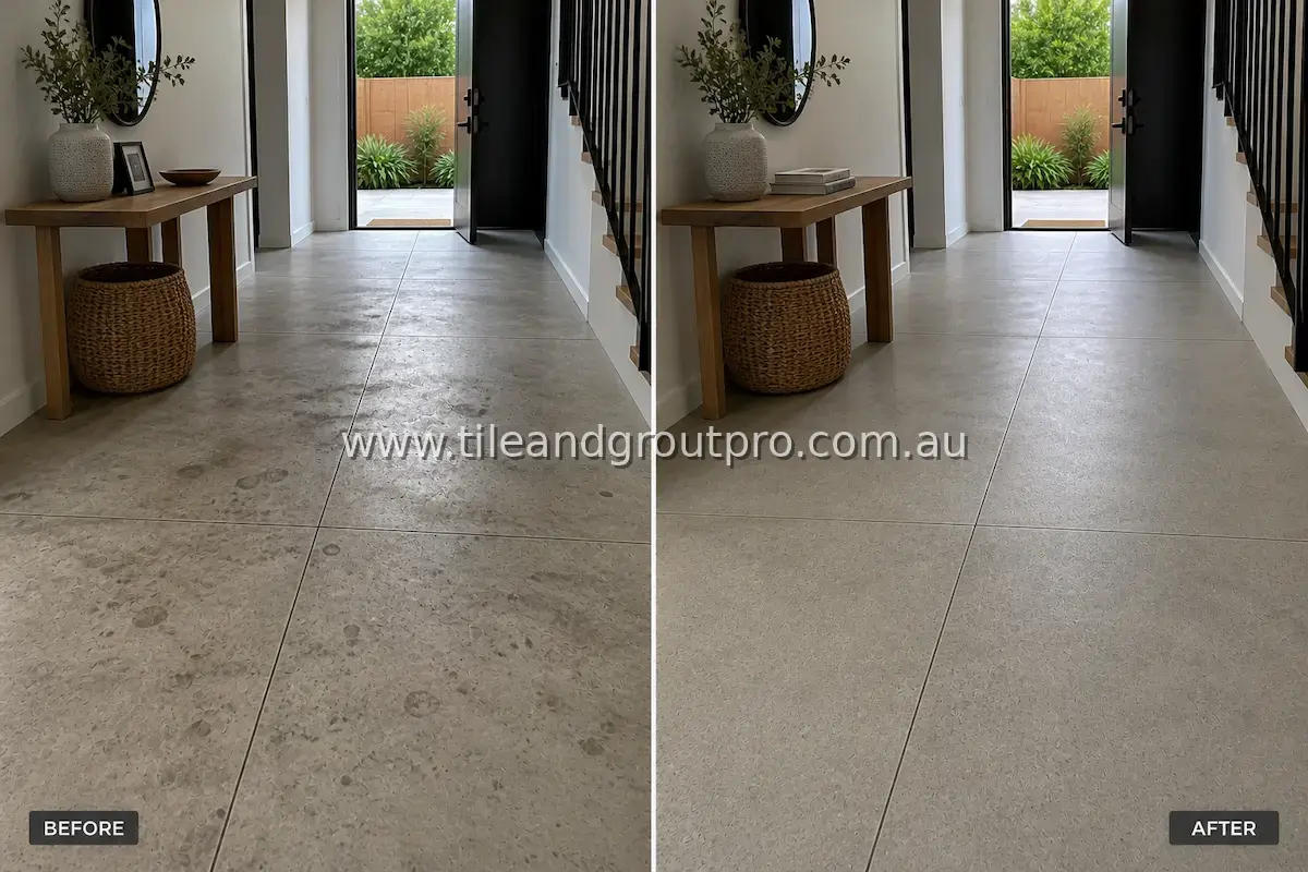 Concrete-look porcelain tile flooring in an entryway with a console table showing embedded grime, dark spots, and dirty grout lines before cleaning