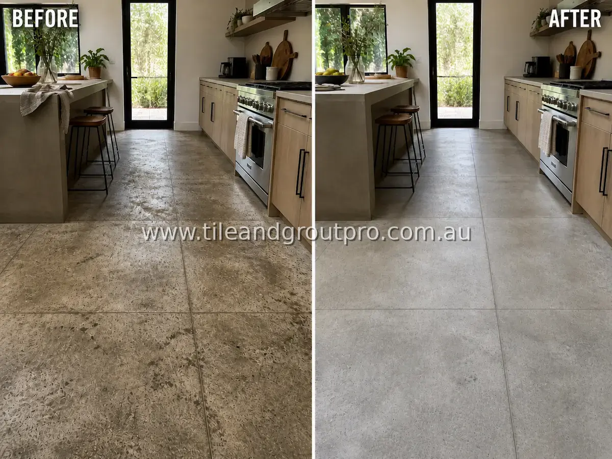 Concrete-look porcelain tile kitchen floor with heavy grease residue, grime buildup, and stained grout lines before professional tile and grout cleaning