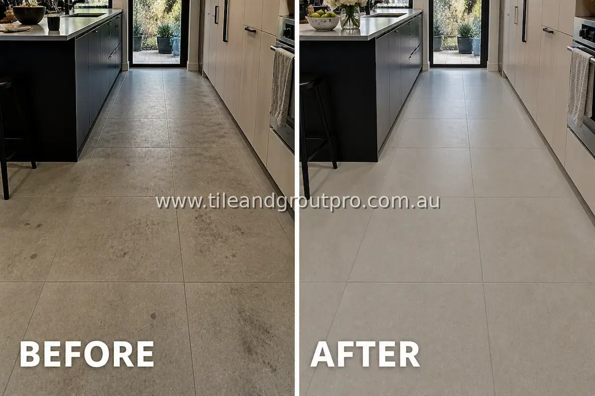 Concrete-look porcelain tile flooring in a modern kitchen walkway with grease residue, grime buildup, and stained grout lines before cleaning service