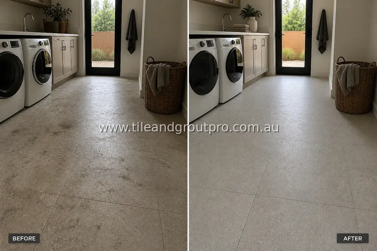 Concrete-look porcelain tile floor in a laundry room with visible dirt buildup, spots, and dingy grout lines before professional tile and grout cleaning