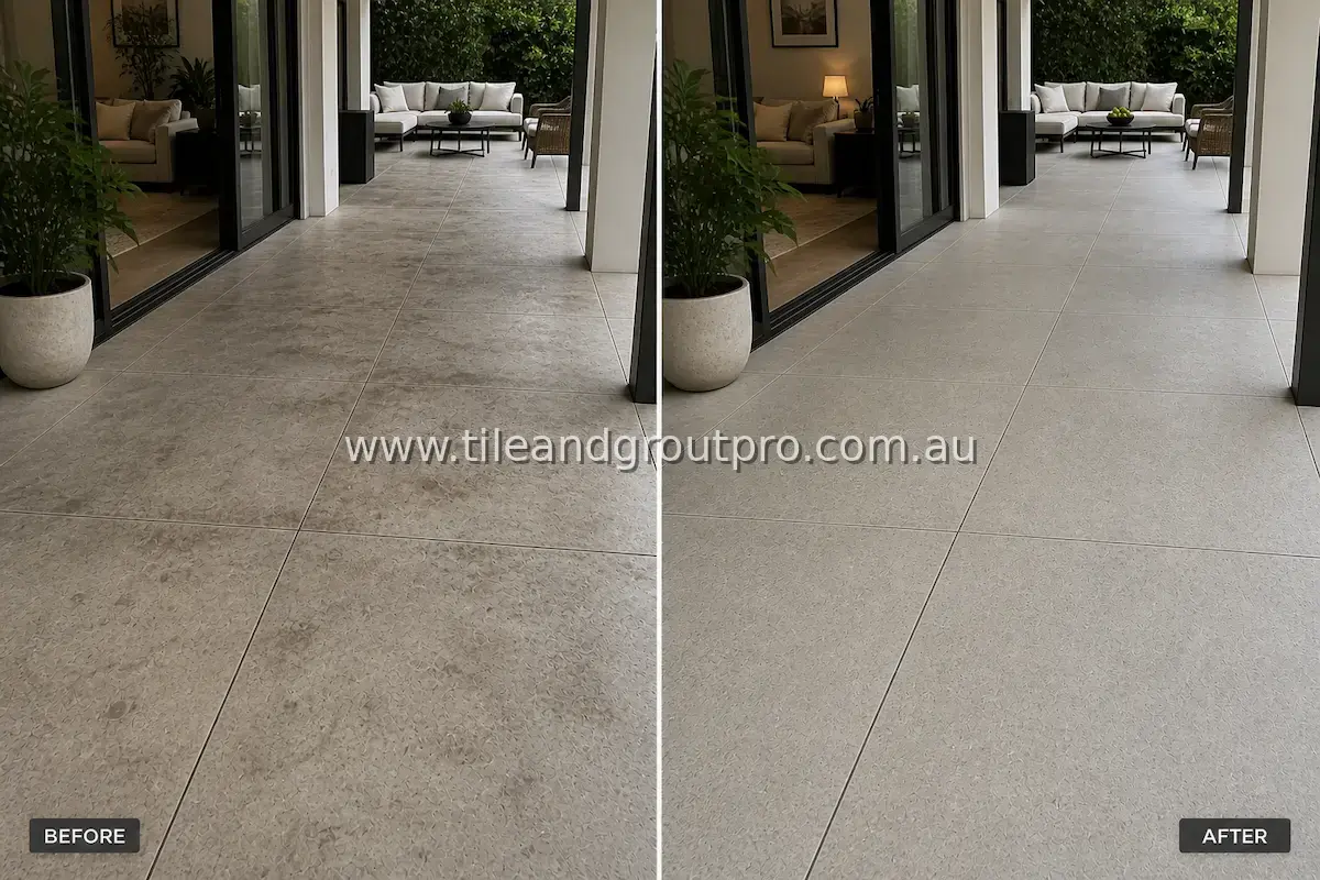 Concrete-look porcelain tile flooring at an indoor-outdoor patio entry showing embedded grime, foot traffic stains, and dull finish before tile and grout cleaning