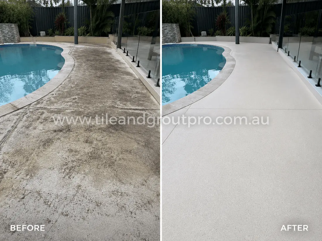 Before and after concrete tile resurfacing of a residential pool surround, showing a weathered and stained poolside concrete surface restored to a clean light-grey finish beside a swimming pool and glass fencing.