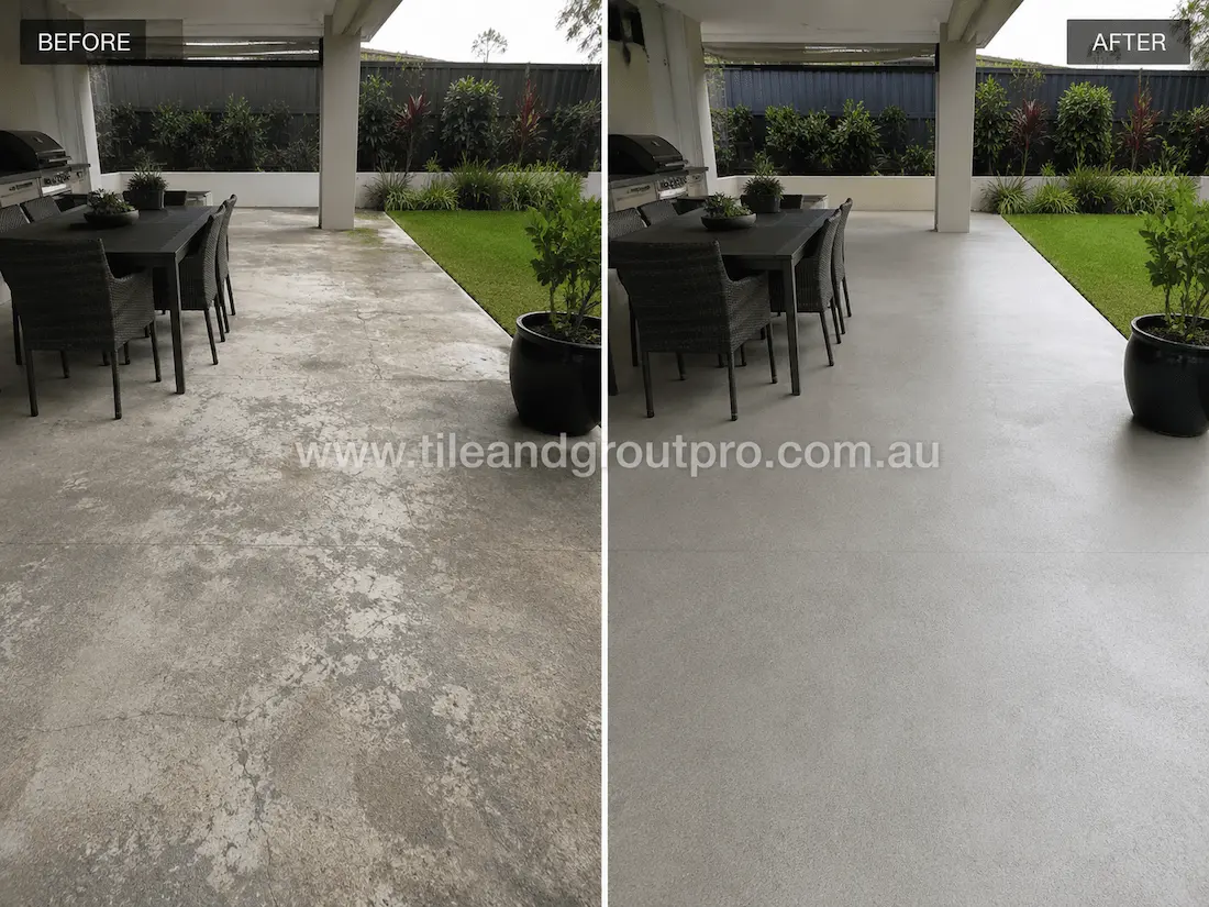 Before and after concrete tile resurfacing of a covered outdoor patio, showing faded and patchy concrete flooring renewed with a uniform textured grey coating beside outdoor dining furniture and garden landscaping.