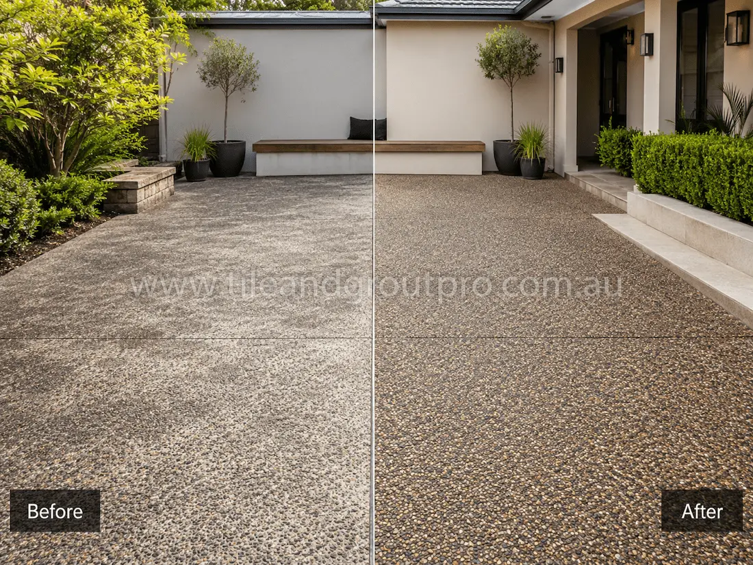 Before and after tile resurfacing of an exposed aggregate concrete front courtyard, showing a faded and weathered outdoor surface restored with a rich decorative aggregate finish beside landscaping and entry steps.