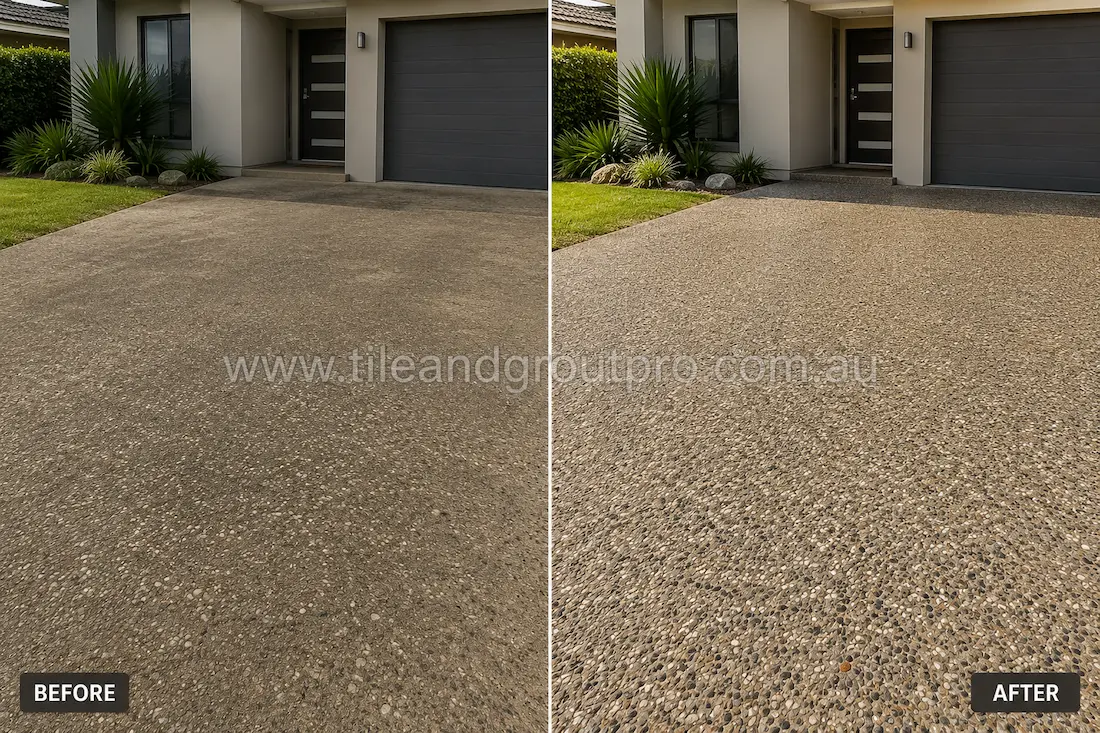 Before concrete polishing, the exposed aggregate driveway surface looked dull and weathered with uneven colouring outside a modern residential garage entrance.