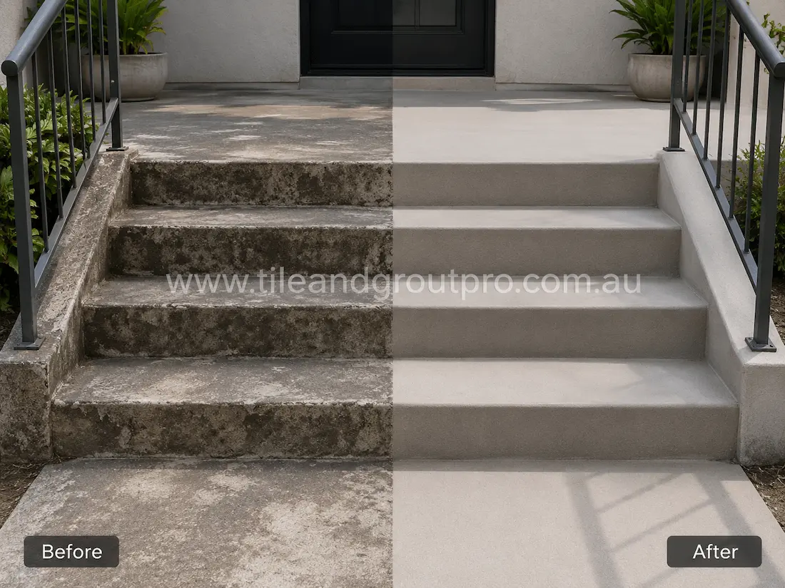 Before and after concrete tile resurfacing of exterior entry steps, showing heavily stained and weathered concrete stairs transformed into a clean slip-resistant light-grey surface with matching landings.