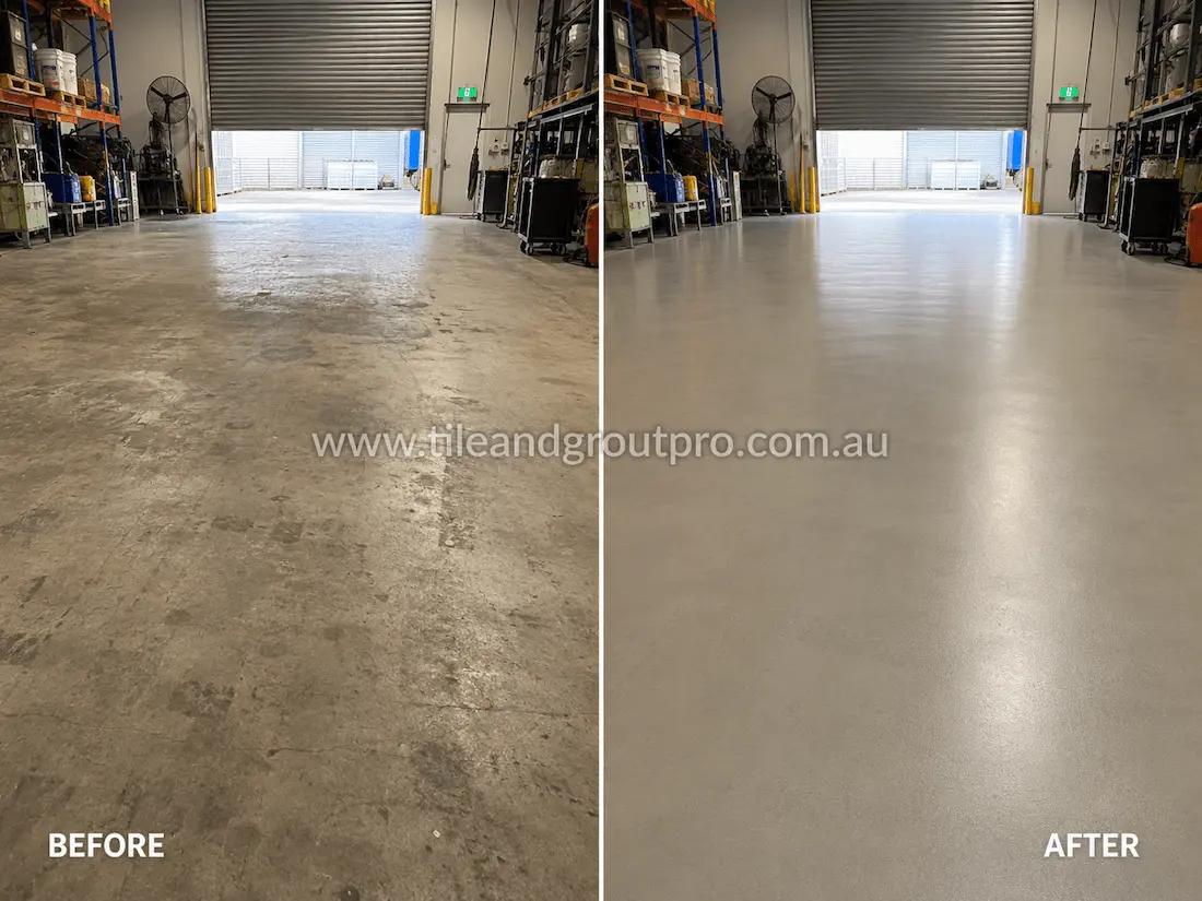 Before concrete resurfacing, this industrial warehouse floor shows heavy traffic wear, stains, surface scuffs, and patchy concrete discolouration, transformed into a smooth durable light-grey concrete coating.